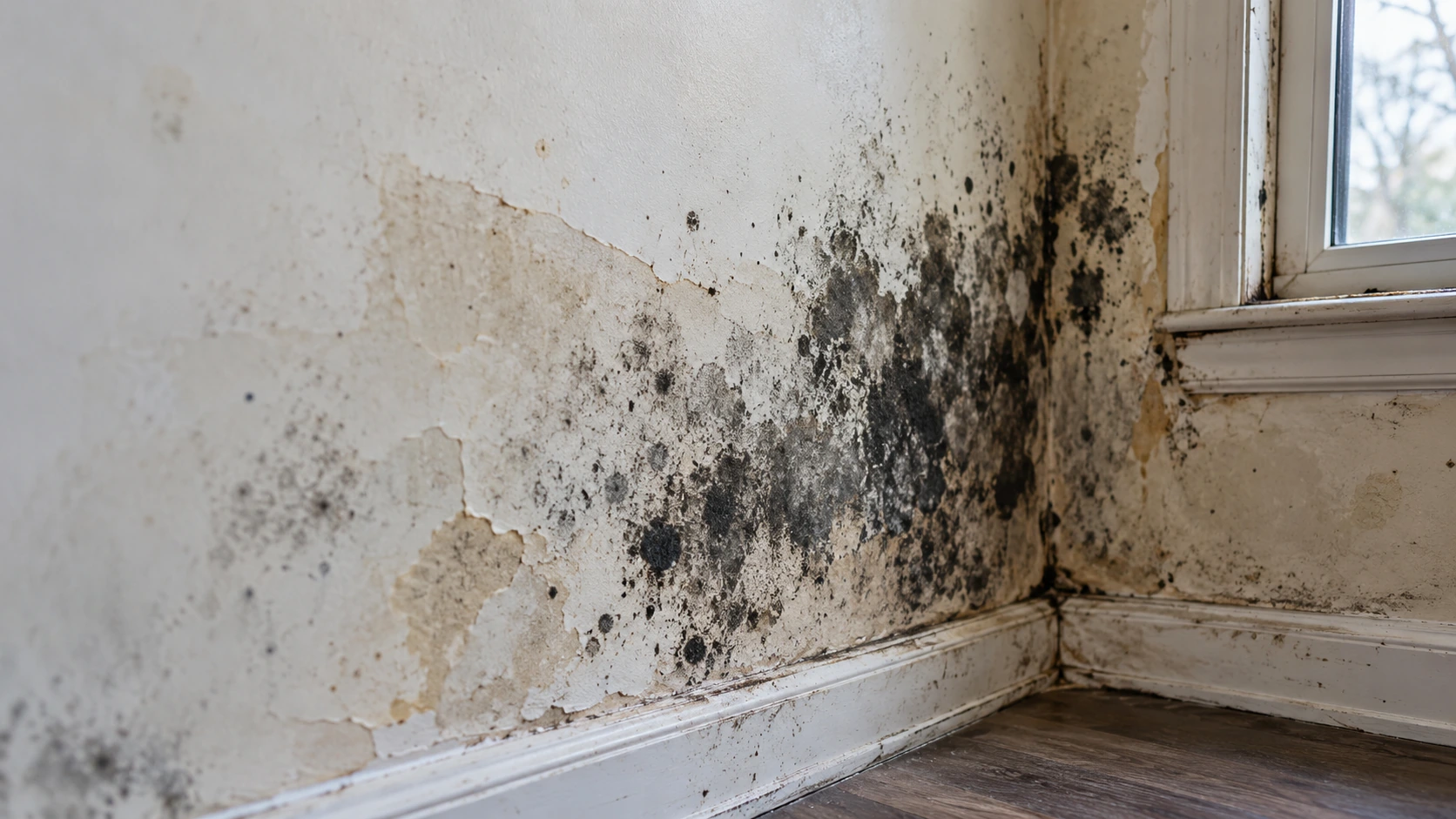 Mold damage visible on an interior wall