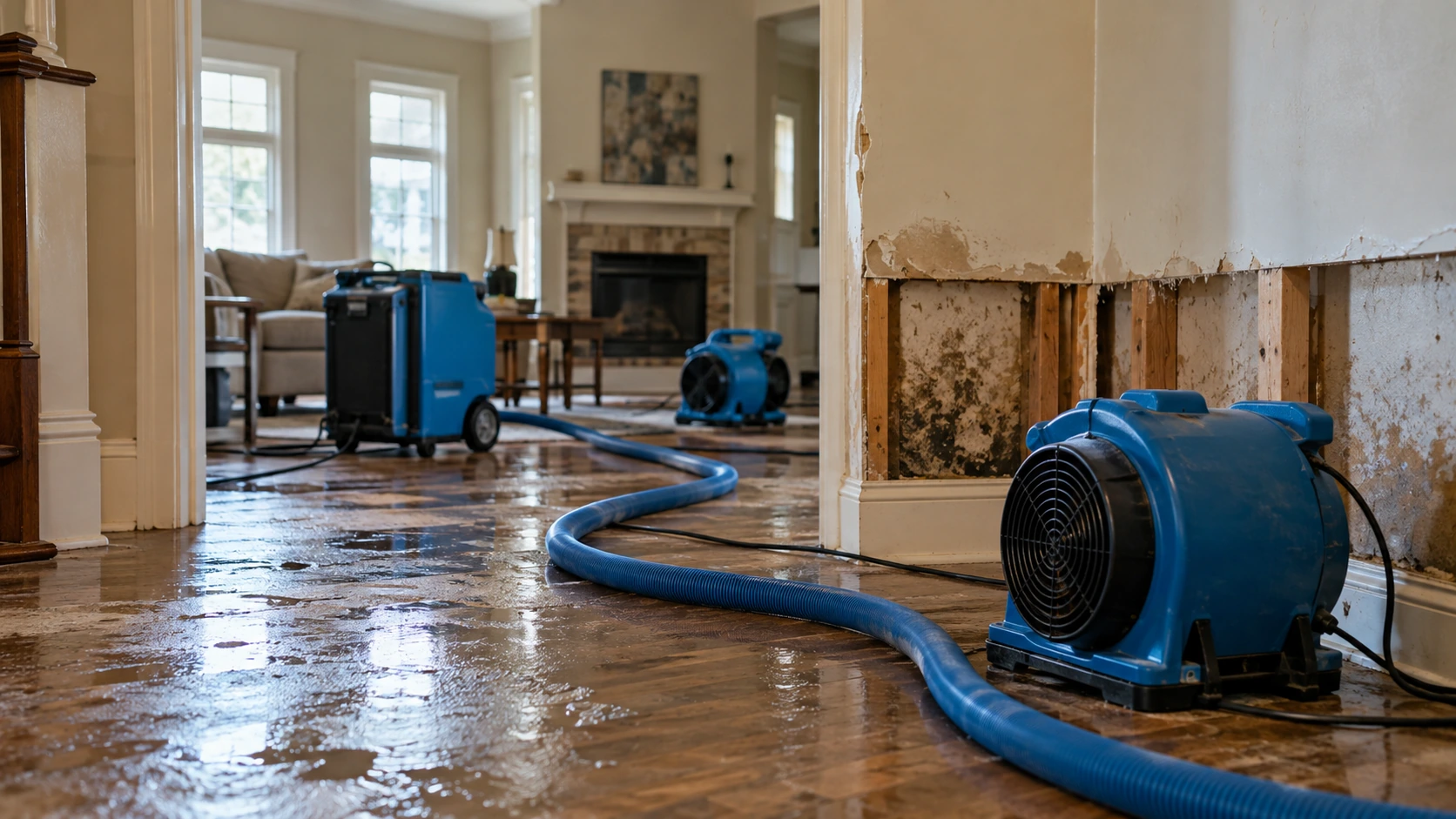 Water damage restoration inside a residential property